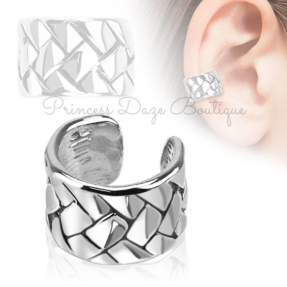 Woven Texture Ear Cuff No Piercing Needed Silver Tone Chic Statement Ear Climber